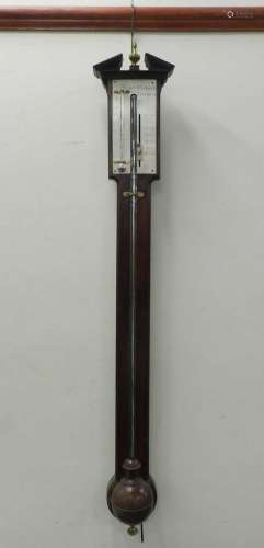 A George III mahogany stick barometer, the rectangular silvered register signed 'Henry Pyefinch,