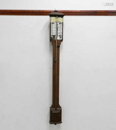 A 19th century 'Farmer's' stick barometer, with walnut case and ceramic indices (at fault), 98cm.