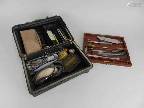 A mahogany-cased field surgery kit, first half 20th century, together with a leather general