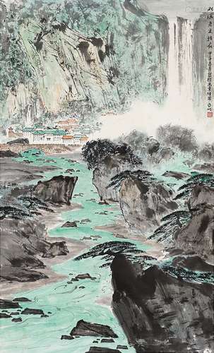 亚 明(1924-2002) 远山飞瀑图