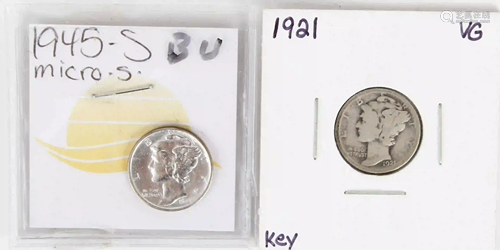 KEY DATE MERCURY DIME COLLECTION 1921, 1945S MICRO