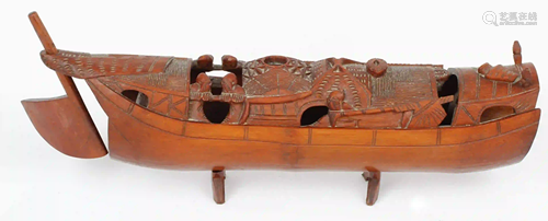 HAND CARVED CHINESE QING DYNASTY BAMBOO BOAT