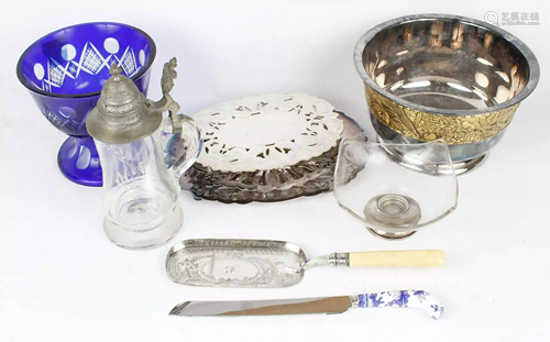 LOT OF SILVERPLATED SERVING ITEMS & GLASS BOWL