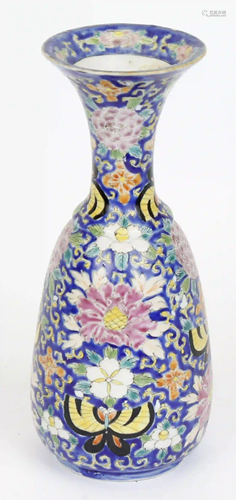 BLUE AND FLORAL HAND PAINTED JAPANESE VASE