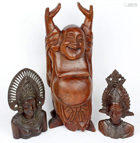 TEAKWOOD CARVED HAPPY BUDDHA AND WOMEN BUST