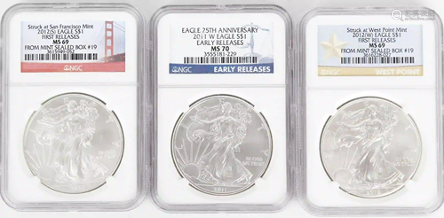 3 EARLY RELEASE SILVER EAGLES MS70 -69 NGC