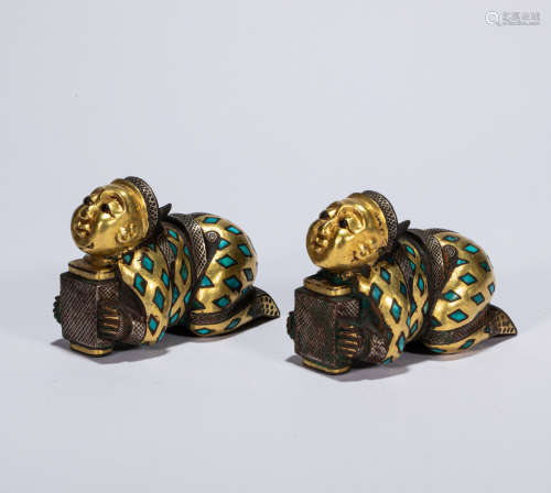 CHINESE DOLLS INLAID WITH GOLD AND TURQUOISES