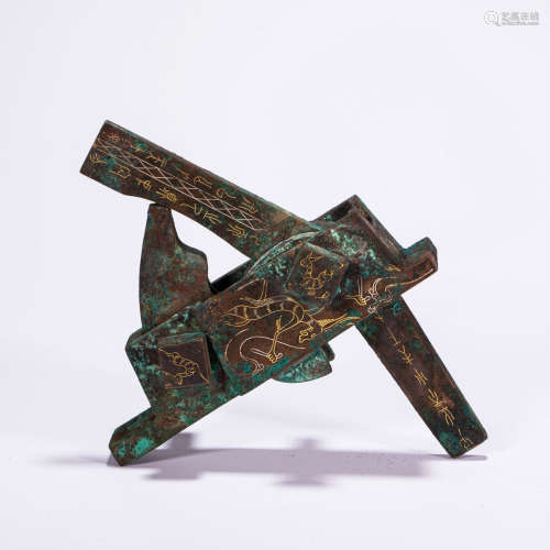 CHINESE BRONZE CROSSBOW INLAID WITH GOLD