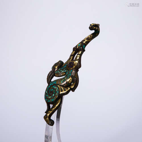 CHINESE  BELT HOOK INLAID WITH GOLD AND TURQUOISE