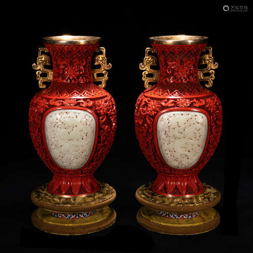 PAIR OF CHINESE RED INLAID JADE VASES WITH RAFFITO DESIGN