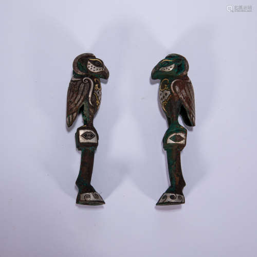 PAIR OF  BIRDS INLAID WITH GOLD, CHINA