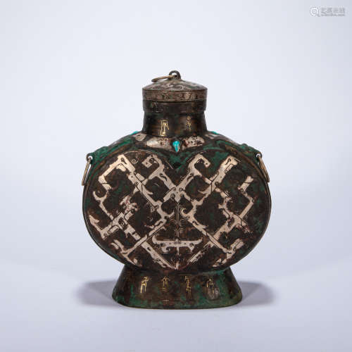 CHINESE BRONZE FLAT BOTTLE INLAID WITH GOLD