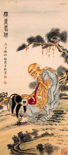 CHINESE PAINTING AND CALLIGRAPHY, THE MONK WITH A MONKEY