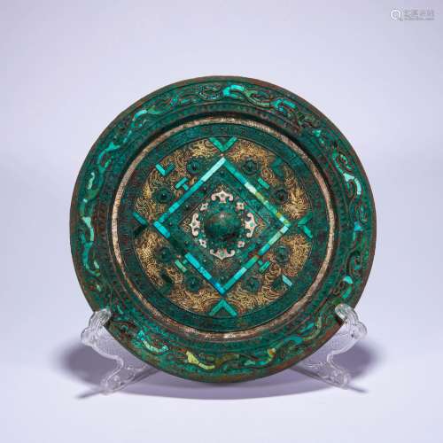 CHINESE BRONZE MIRROR WITH GOLD INLAID TURQUOISE