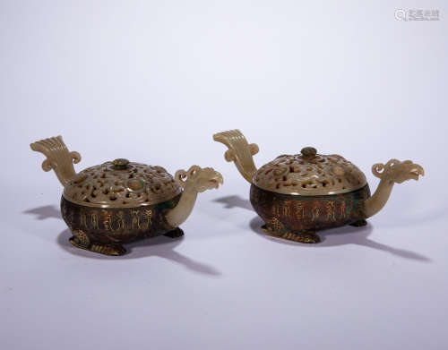 PAIR OF CHINESE INCENSE BURNER INLAID WITH GOLD AND JADE