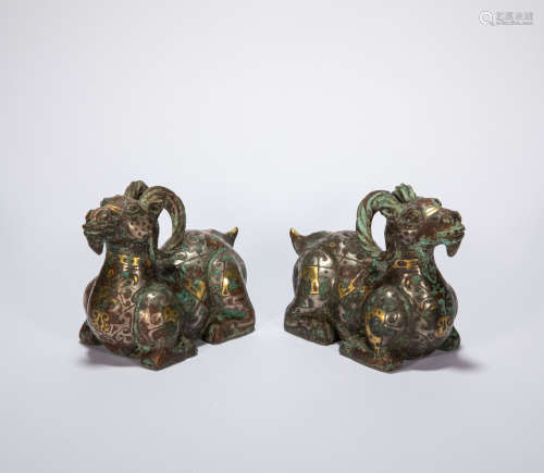 PAIR OF CHINESE SHEEP INLAID WITH GOLD