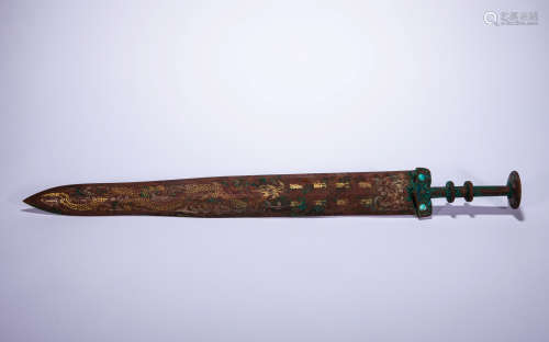 CHINESE BRONZE LONG SWORD INLAID WITH GOLD