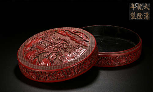 CHINESE LACQUER RED ROUND BOX WITH RAFFITO DESIGN