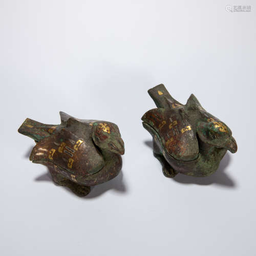 CHINESE PAIR OF  BIRDS INLAID WITH GOLD