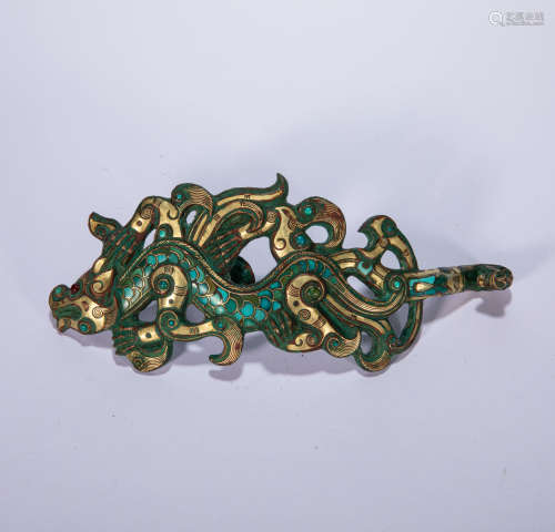 CHINESE BELT HOOK INLAID WITH GOLD AND TURQUOISES