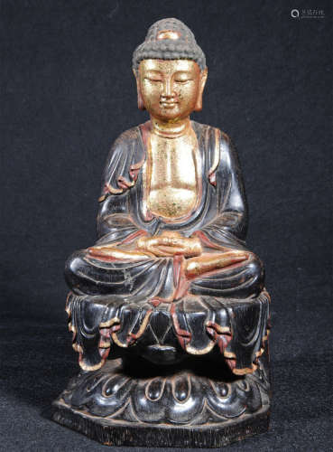 CHINESE RED SANDALWOOD LACQUERED GOLD BUDDHA STATUE
