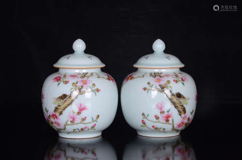 A Pair of Famille Rose Flower&Bird Pattern Porcelain Jars with Cover