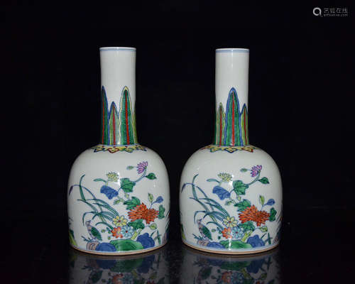 A Pair of Doucai Flower&Bird Pattern Porcelain Bell-shaped Zun