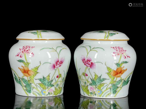 A Pair of Famille Rose Floral Porcelain Jars with Cover