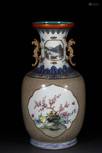 A Wood Grain Glaze Flower&Bird Pattern Porcelain Double Ears Vase