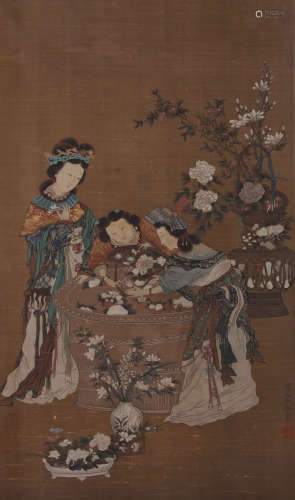 A Chinese Figure Painting Scroll, Qiu Ying  Mark