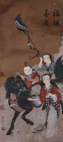 A Chinese Figure Painting Scroll, Zhou Chen Mark