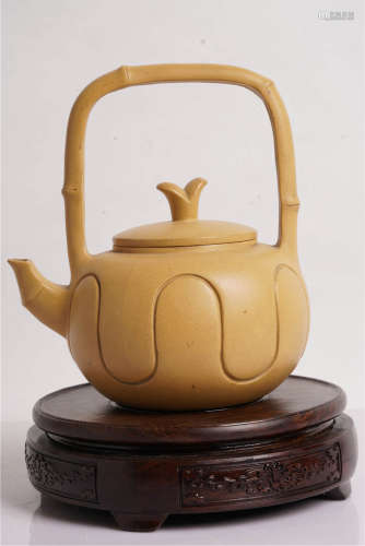 A Purple Sand Pot with Bamboo Joint Pattern Loop-Handle
