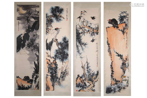 4Pieces Chinese Flower&bird Painting Screens, Pan Tianshou Mark