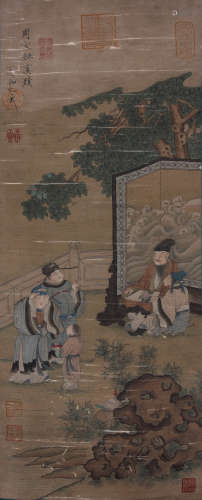 A Chinese Figure Painting Scroll, Zhou Wenju Mark