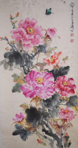 A Chinese Peony&Butterfly Painting Scroll, Wang Xuetao Mark