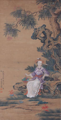 A Chinese Figure Painting Scroll, Lang Shining Mark