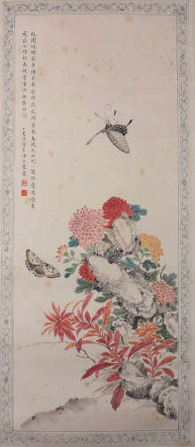 A Chinese Flowers Painting Scroll, Lu Xiaoman Mark