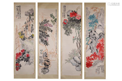 4 Pieces Chinese Flowers Painting Screens, Wu Changshuo Mark