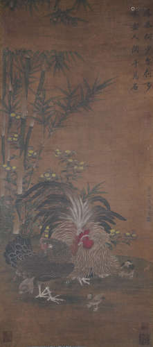 A Chinese Rooster Painting Scroll, Cui Bai Mark