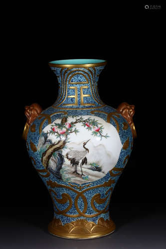 An Enamel Gild Crane Pattern Porcelain Double Beast Ears Vase