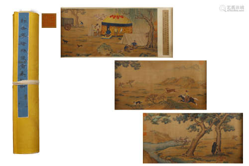 A Chinese Hunting Painting Hand Scroll, Lang Shining Mark