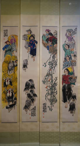 4Pieces Chinese Figures Painting Screens, Shi Guoliang Mark