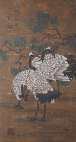 A Chinese Pine&Crane Painting Scroll, Emperor Song Huizong Mark