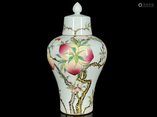 A Famille Rose Nine Peach Painted Porcelain Meiping