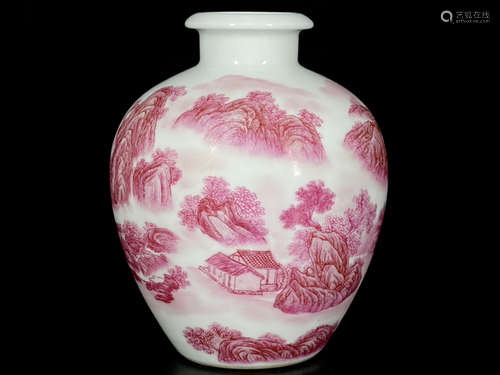 A Cramine Red Landscape Porcelain Vase