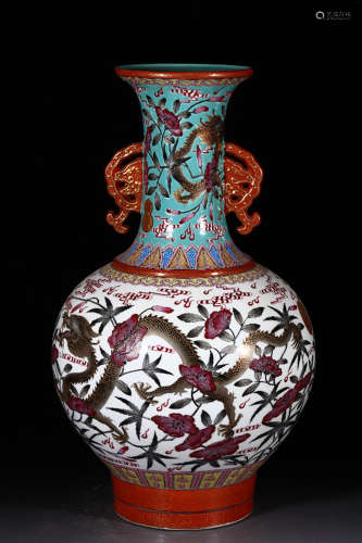 An Enamel Gilt-inlaid Floral Dragon Pattern Porcelain Double Ears Tianqiuping