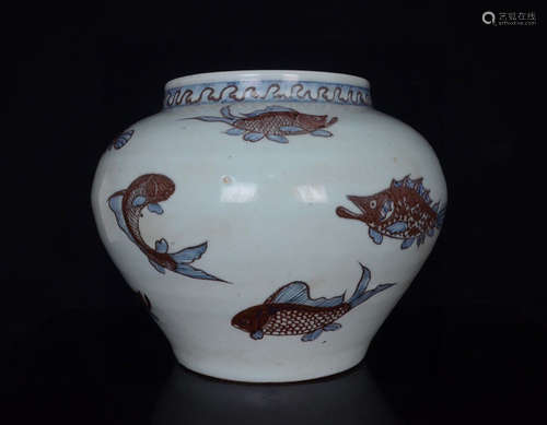 A Blue and White Underglazed Red Fish Pattern Porcelain Jar