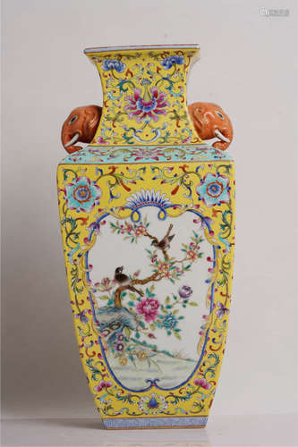 A Yellow Glaze Floral Porcelain Trunk Ears Square Mouth Vase