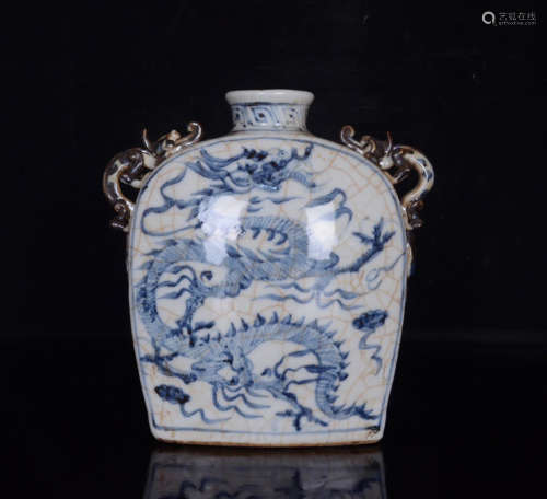 A Blue and White Dragon Pattern Porcelain Double Ears Oblate Vase