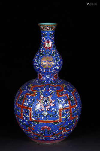 A Blue Ground Famille Rose Floral Porcelain Gourd-shaped Vase